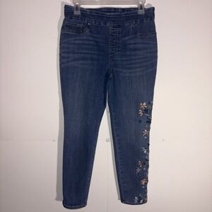 Chicos Women's 6R 0.5 Pull On Jegging Ankle Jeans Blue Floral Embroidered Denim